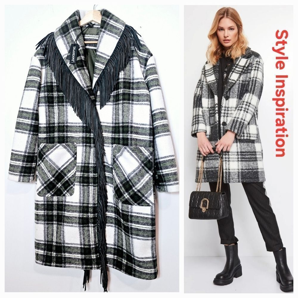 NWT BlankNYC Fringe Collar Green Scotland Plaid Oversized Winter Coat Size M